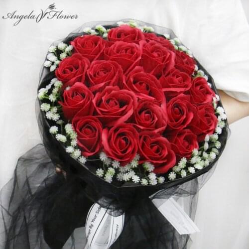 Romantic Big Holding Rose Soap Flower Gypsophila Bouquet Wrapped In Black Yarn Wedding Birthday Valentines Day Gift Home Decor
