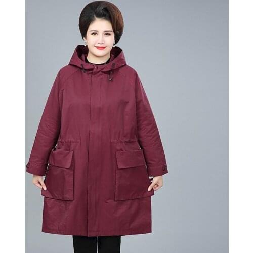 New Spring Autumn Middle-aged Women Trench Coat Plus Size 4XL Outerwear Female Casual Loose Hooded Windbreaker Mother Tops Y429