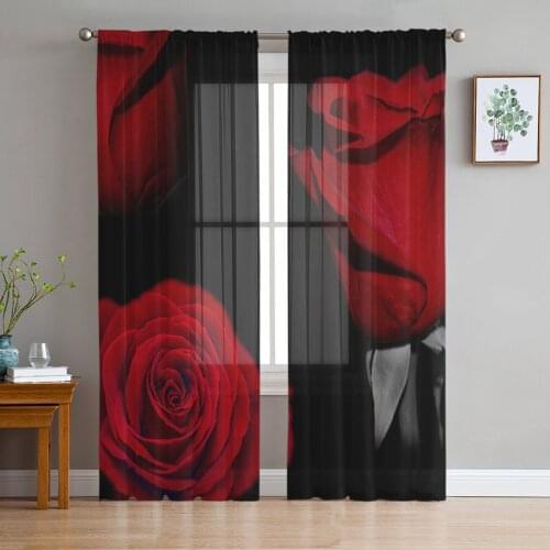 Red Rose Flower Black Screens Voile Tulle Sheer Curtains for Bedroom Living Room Kitchen Decor Chiffon Windows Curtain