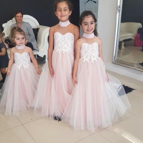 Gorgeous Pale Pink Halter A Line Lace Tulle Girls Flower Girl Dresses Girls Wedding Birthday Party Dresses