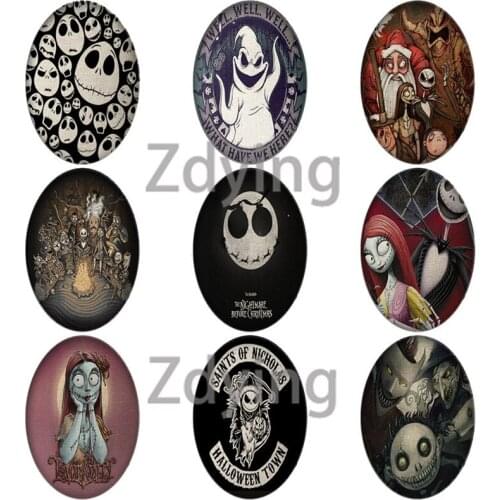 Zdying Halloween Cartoon Skull Printed Nightmare Before Christmas Oval Glass Cabochons Beads DIY Pendant Jewelry Findings