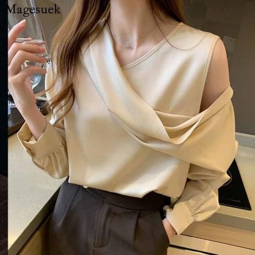 V-Neck Slim Women Off-Shoulder Long Sleeve Chiffon Blouse Autumn 2020 Elegant Satin shirt Solid OL Tops Chemisier Femme 11202