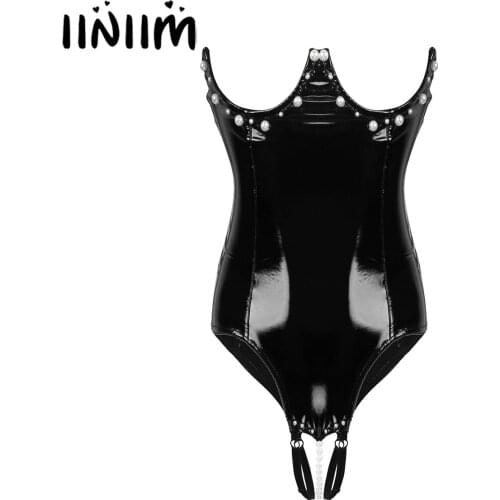 Womens Wet Look Costumes Skinny Leather Lingerie Strapless Bodycon Bare Breast Crotchless with Pearl Underwired Sissy Bodysuit