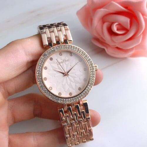Fashion Brand Women Watches Silver Rose Gold Stainless Steel Sun Flower Quartz Watch Female Diamond Clock Reloj Mujer Relogios