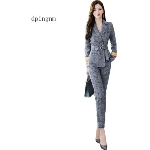 2019 New Business Pant Suits High Quality Set Blazers Formal Women OL Elegant Plaid 2 Piece Sets Uniform Jackets Set