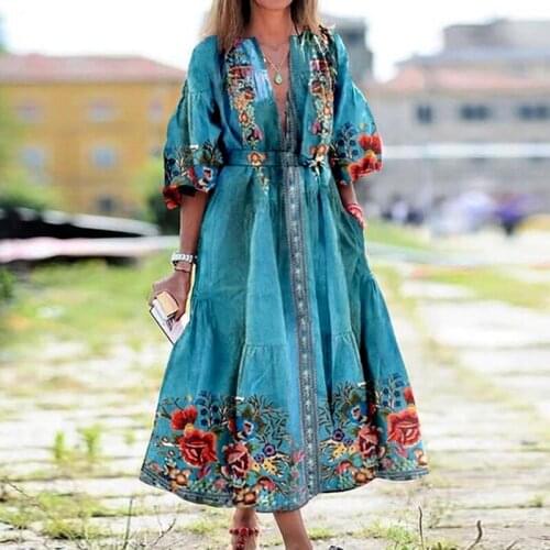 2021 Summer Print Long Skirt European and American Retro Casual Tie V-neck Three-quarter Sleeve A-line Dress with Printed Dress
