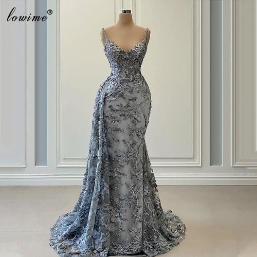 Plus Size Gray Lace Evening Dresses Long Mermaid Beading Prom Dresses For Women Formal Wedding Party Dresses Vestidos Formales