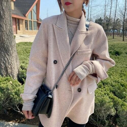 2021 Autumn Korean Handmade Double Breasted Short 100% Wool Coat Women Casual Loose Plus Size Woolen Overcoat Blazers