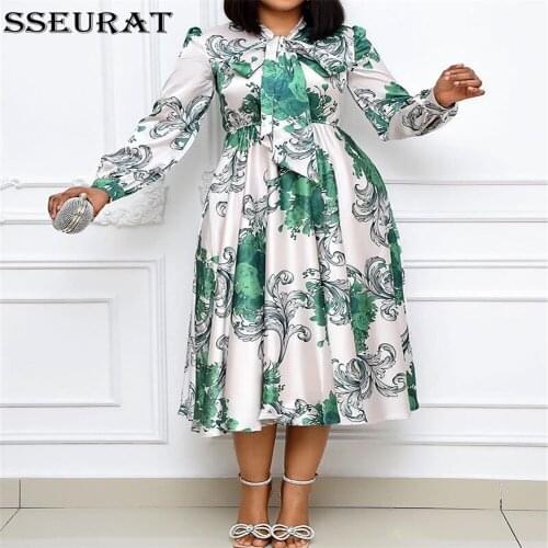SSEURAT Women Long Sleeves Printed Dresses with Bowtie Collar Pleated High Waist Midi Elegant Ladies Fashion African Vestidos