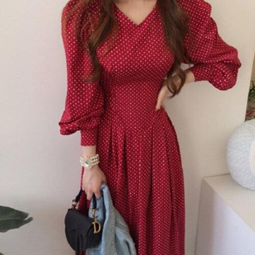 New Elegant Summer Chic Commuter Dot Red V-Neck Printing Womens Dress Korean Clothing Vintage One Piece Bandage Dress Femme