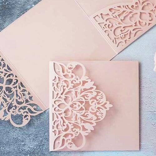100 Pieces/Lot) Pink Hollow Wedding Invitations With Envelope DIY Laser Cut Greeting Cards For Bridal Shower Marriage Party