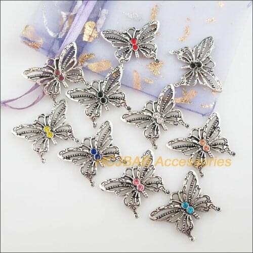 20Pcs Tibetan Silver Tone Animal Butterfly Mixed Crystal Charms Pendants 21x27.5mm
