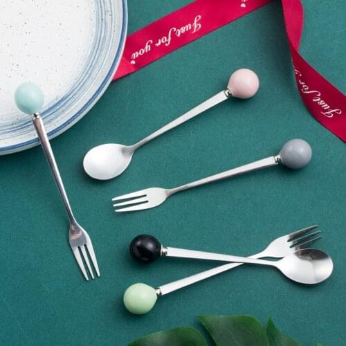 3 Pcs color ceramic handle spoon Japanese and Korean Creative stainless steel fruit fork dinnerware dinner set