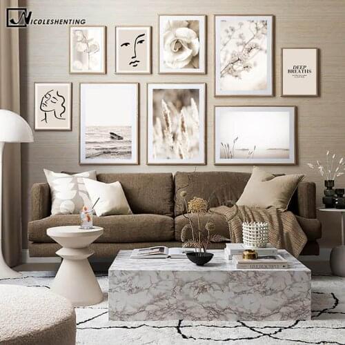 Beige Reeds Flower Sea Landscape Canvas Poster Plant Botanical Print Simplicity Line Wall Art Painting Nordic Decoration Picture
