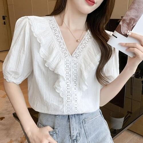 2021 Sweet Women Blouse and Tops Summer V Neck Lace Up Women Shirts Korean Fashion Puff Sleeve Cotton Solid Clothing 14250