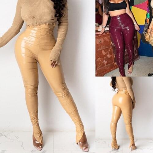Pu Leather High Waist Stacked Pants Autumn Winter Women Fashion Streetwear Outfits Club Trousers