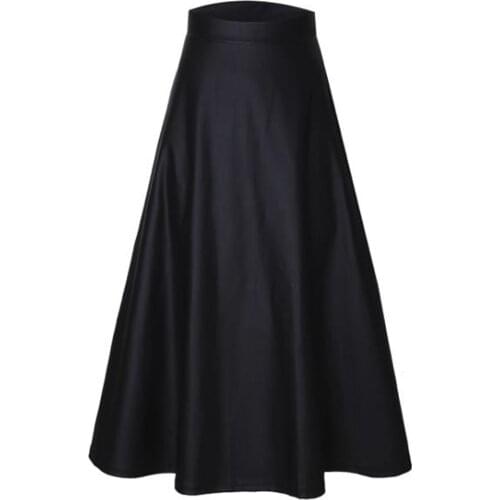 Black PU Faux Leather Skirt Women Retro High Waist A-line Skirts Womens Spring Autumn Korean Ladies Long Pleated Midi Skirt Saia