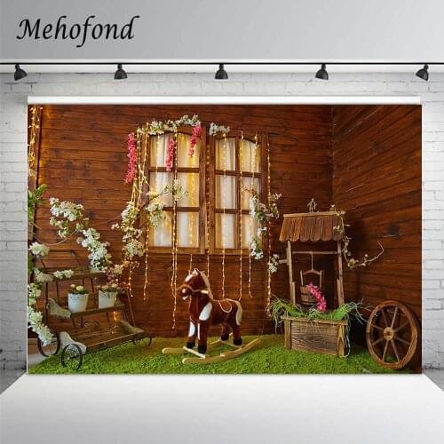 Garden Photography Background Wooden Wall Bright Light Window Flower Float Rocking Horse Baby Portrait Backdrop For Photo Studio