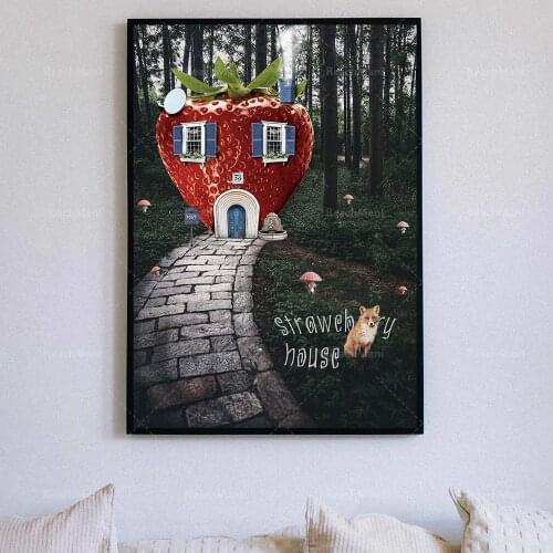 Art Mural Decoration Strawberry House in the Forest, Poster Magic Village Surreal Art Deco Print Poster