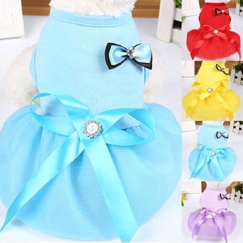 Bowknot Cotton Small Dog Dress Summer Solid Printed Fashion Pet Dog Dress Soft Comfortable Breathable Princess Dress Puppy Skirt