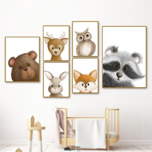 Rabbit Owl Bear Deer Fox Raccoon Nursery Wall Art Canvas Painting Nordic Posters And Prints Wall Pictures Baby Kids Room Decor
