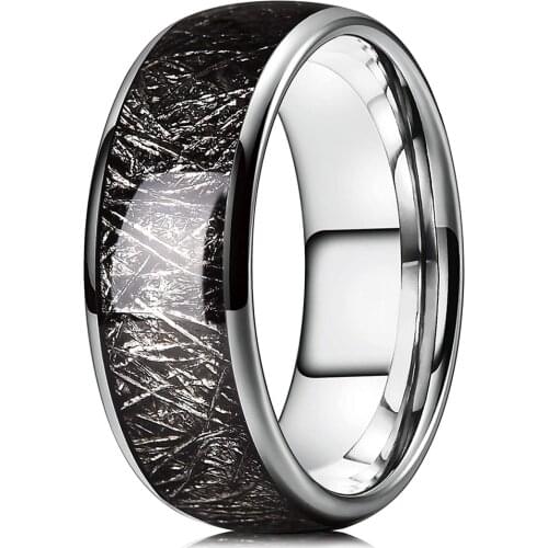 Trendy 8MM Men Silvery Polished Tungsten Carbide Ring Vintage Black Meteorites Inlaid Carbon Fibre Ring Men Wedding Band