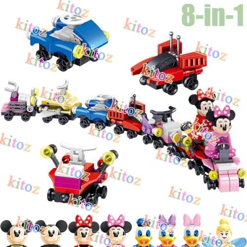 Disney Mini Train Park Garden Building Block Set Mickey Minnie Donald Duck Daisy Fairy Mini Toy Doll Figure Car Vehicle Paradise