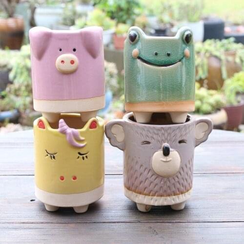 Creative cute animal bunny frog piglet ceramic flower pot succulents cactus balcony micro landscape garden decoration bonsai