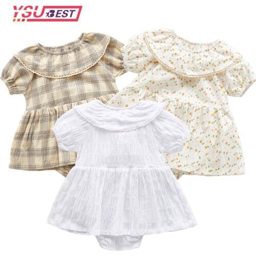 0-3 Yrs Newborn Baby Summer Clothes Short Sleeved Cute Plaid Ha Bodysuit Dress Infant Girl Cotton Lotus Leaf Collar Floral Dress