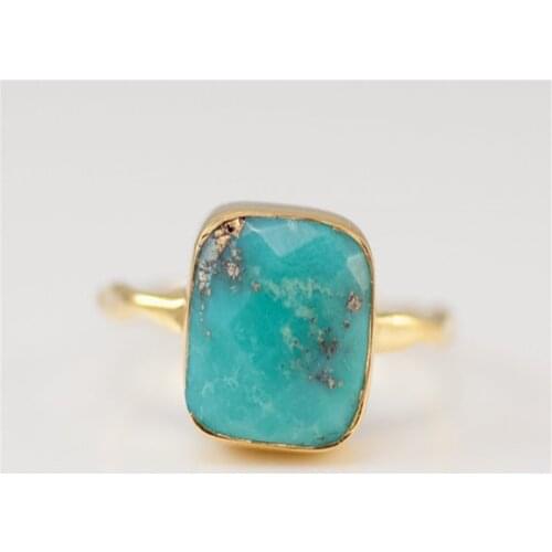 Fashion Geometric Square Blue Turquoises Stone Ring Boho Jewelry Beach Small Simple Gold Ring Girls Party Ring L5X752