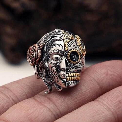 SECRET BOYS New Fashion Sided Personality Vintage Ring Half Skull Half Goddess Ring Zinc Alloy Silver Color Punk Jewelry