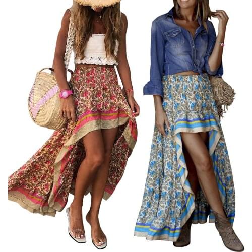 Hirigin Creative Fashion Women’s Summer Casual Long Skirt Vintage Printing High-waist Elastic Irregular A-line Front Short Skirt