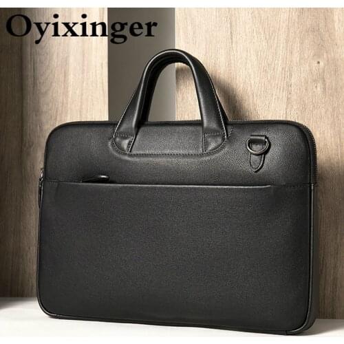 OYIXINGER Men Leather Laptop Briefcase Luxury Men Handbags Male Business Bag Genuine Leather Laptop Bag For 13.3" Macbook Dell