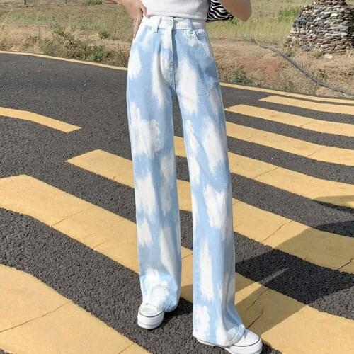 High Waist Tie Dye Straight Jeans Pants For Women Loose Blue White Patchwork Summer Denim Trousers Wide Leg Pants Jean P140