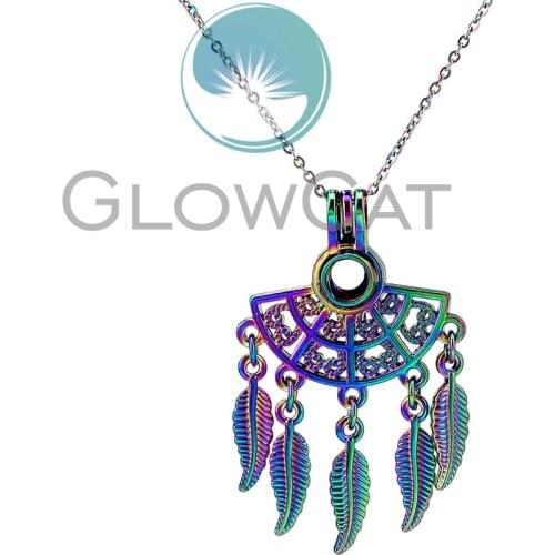 Rainbow Bohemia Heart Flower Filigree Pendant Beads Cage Perfume Diffuser Aroma Pearl Cage Locket Necklace CC1085