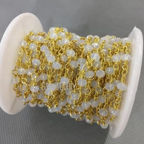 3x4mm Gold Electroplated Faceted Rondelle Beads Copper, Opal Glass Crystal Rosary Chain RC4749