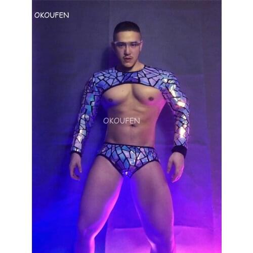Sexy Night Scene Ds Technology Future Theme Party wear Glitter Laser Mirror Dance Clothes Purple Blue Sequins Tops shorts set