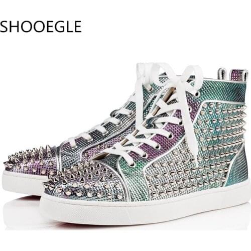 SHOOEGLE Zapatillas Hombre Men Casual Shoes Hot Sale Rivets Spikes Men High Top Sneaker Shoes Lace-Up Fashion Show Trendy Shoes