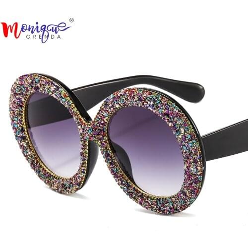 Vintage Oversized Round Sunglasses Women Men Fashion Luxury Bling Diamond Frame Eyewear Colorful Shades Lens UV400 for Female