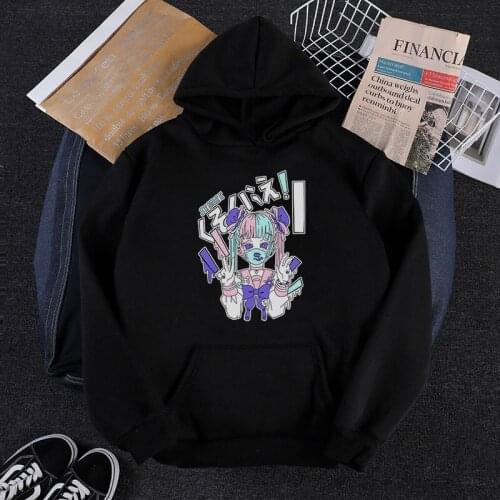 Harajuku streetwear hiphop chic warm loose long-sleeve hooded sweatshir Ulzzang dark Anime cartoon print casual women sweatshirt