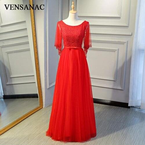 VENSANAC Crystal O Neck 2018 Sequined Short Sleeve A Line Long Evening Dresses Party Bow Sash Lace Backless Prom Gowns