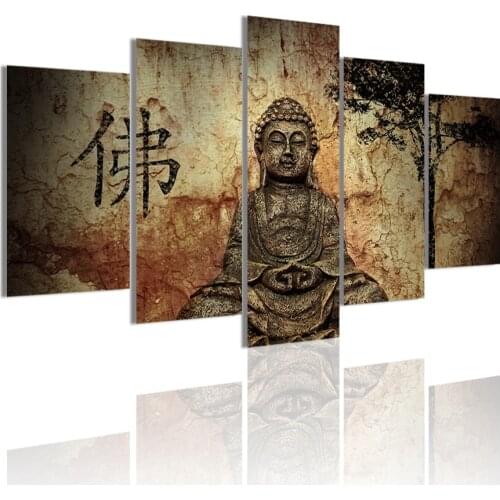 Vintage Lord Buddha 5 Panels DIY Wood Frame Canvas Painting Posters Wall Art Print Picture for Living Room Home Decoration