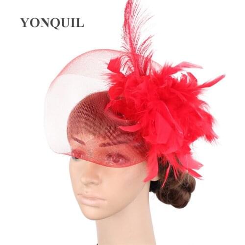 Red Wedding Fascinator Hair Clips Feater Mesh Bridal Headdress Race Ladies Elegant Wedding Party Tea Hair Accessories SYF474