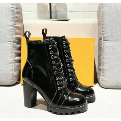 Platform Boots for Women Wedge Black Patent Leather Ankle Boots Lace-up Side Zipper High Sqare Heels Classic Style Shoes Women