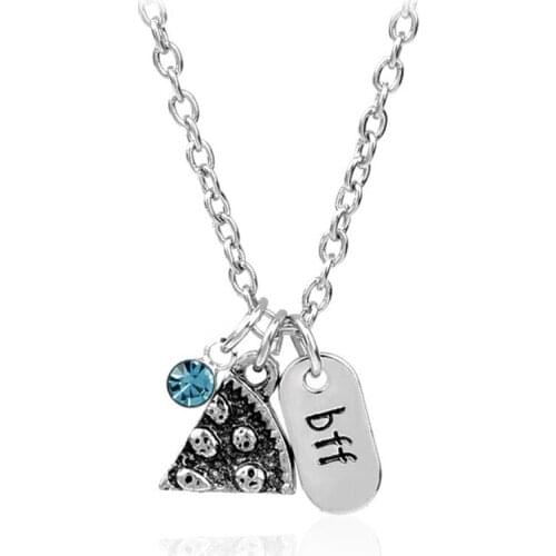 Womens Men Tone Crystal Rhinestone Best Friends Forever BFF Necklace Engraved Pizza Pendant Necklace 20 Inches