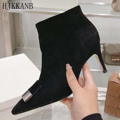 Pointed Toe Short Boots Women Thin Heel 2021 New Autumn Winter Single Boots Metal Buckle High Heel Ankle Boots Chelsea Boots