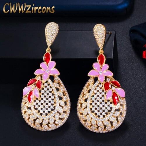 CWWZircons Unique Red Enamel Flower Leaf Shape Dangle Drop Long CZ Earrings Indian Gold Color Wedding Bridal Party Jewelry CZ773