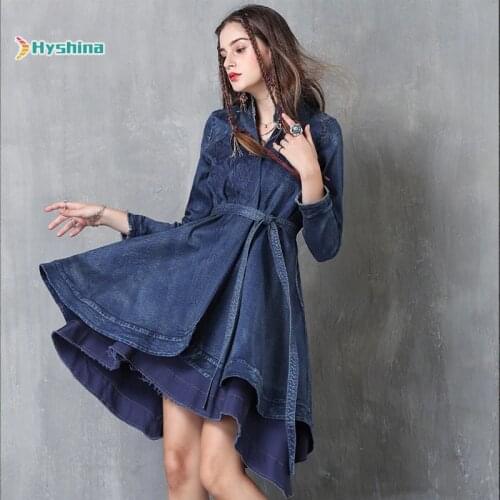 Womens New Irregular Denim Dress Cardigan Retro Buckle Belt Long Sleeve