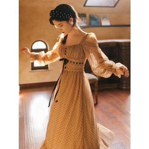 2021 new fashion womens clothing Dot Square Collar Vintage dresses for women woman dress