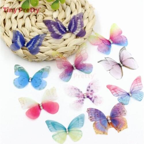 20PCS Double-layer Organza Butterflies w/ Rhinestone Handmade Silk Butterfly Accessory for DIY Hair Jewelry, Wedding Butterflies